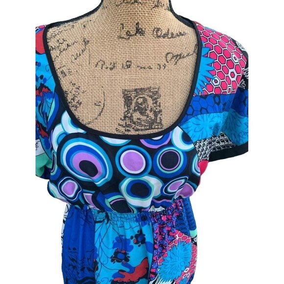 🍒 2/$20 🍒 Bright Fun Colored Pattern Baby Doll Blouse Medium - Picture 2 of 4